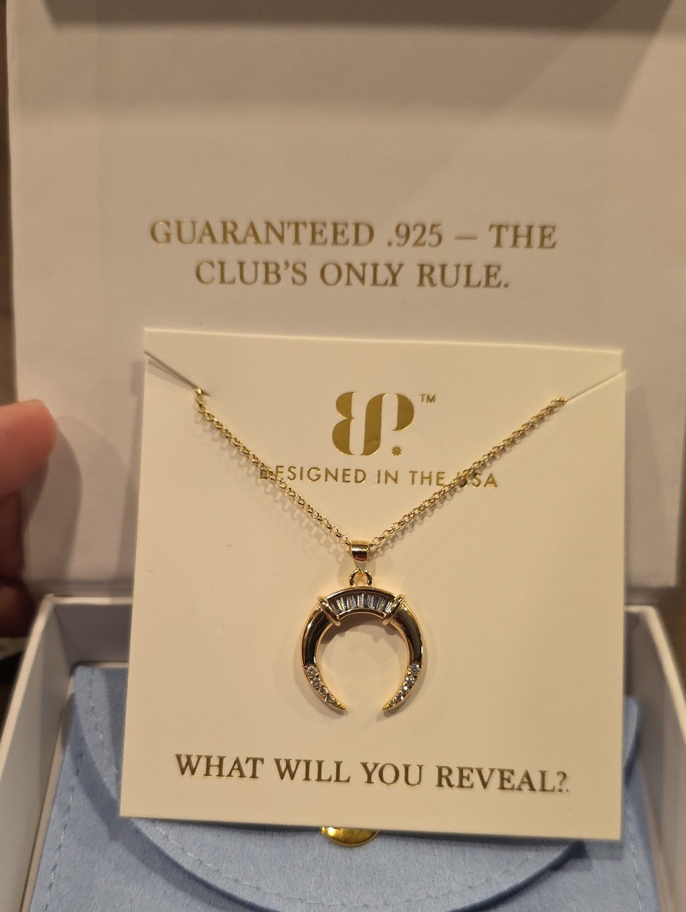 BP Gold Crescent Pendant Necklace .925 Sterling Silver With Gold Plating.